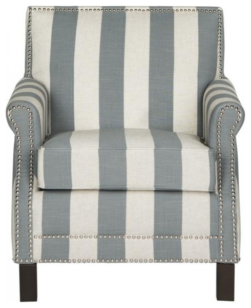 Tamar Club Chair With Awning Stripes Silver Nail Heads Grey/ White   Farmhouse   Armchairs And Accent Chairs   by AED Luxury Home Decor  Houzz