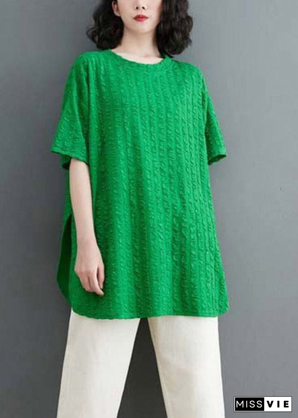 Plus Size Green O-Neck Wrinkled Cotton Top Short Sleeve