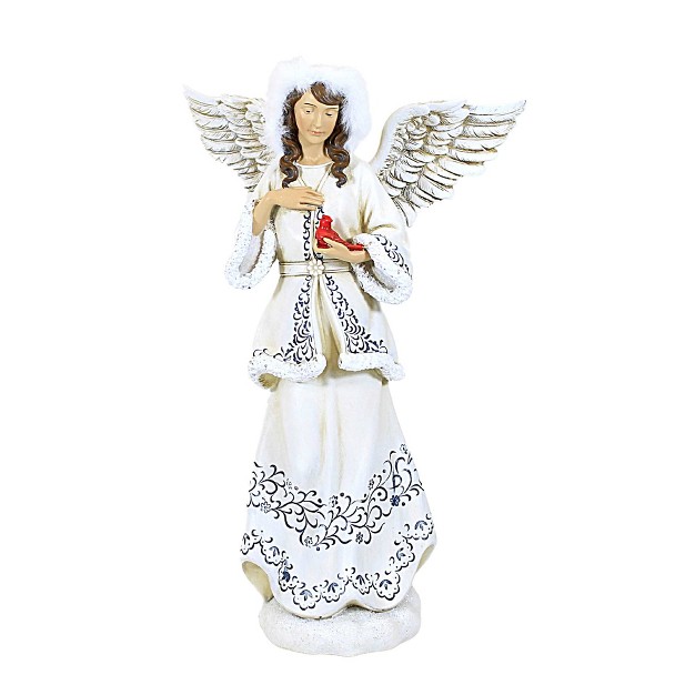 Christmas Angel Holding Cardinal One Figurine 10 25 Inches Wings White Robe Polyresin Off white