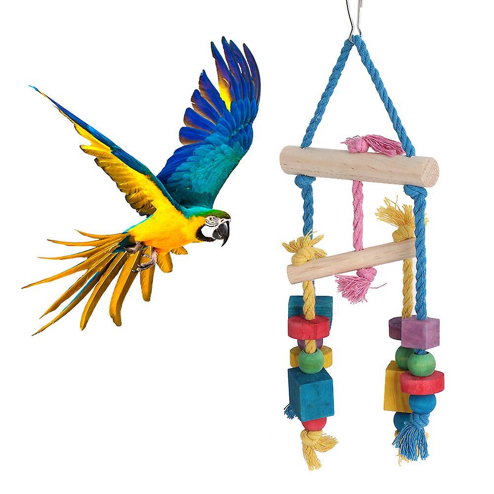 Colorful Wood Block Biting String Cotton Rope Balance Hanging Chewing Playing Bird Toy Parrots Swing Supplies Accessory