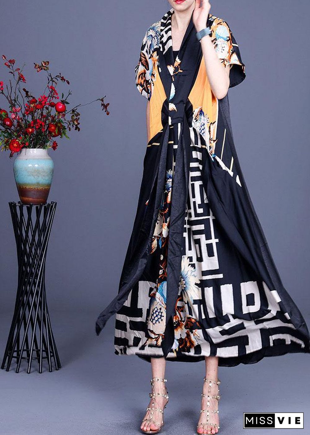 Comfy Black Print Patchwork Silk Robe Dresses Summer