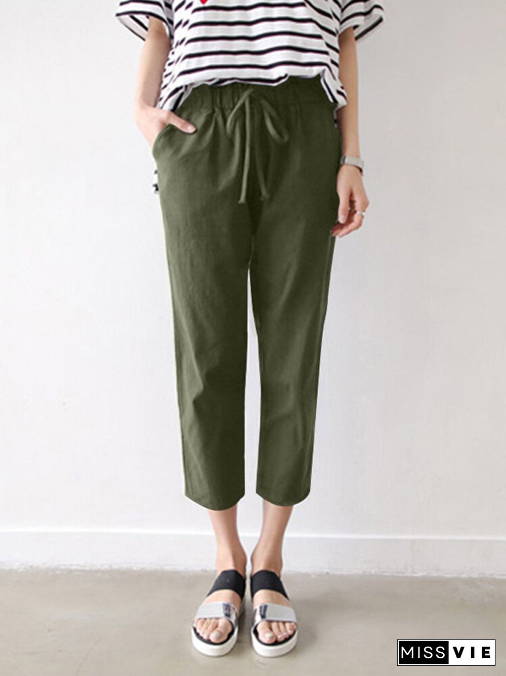 Leisure Solid Drawstring Pocket Cotton Pants