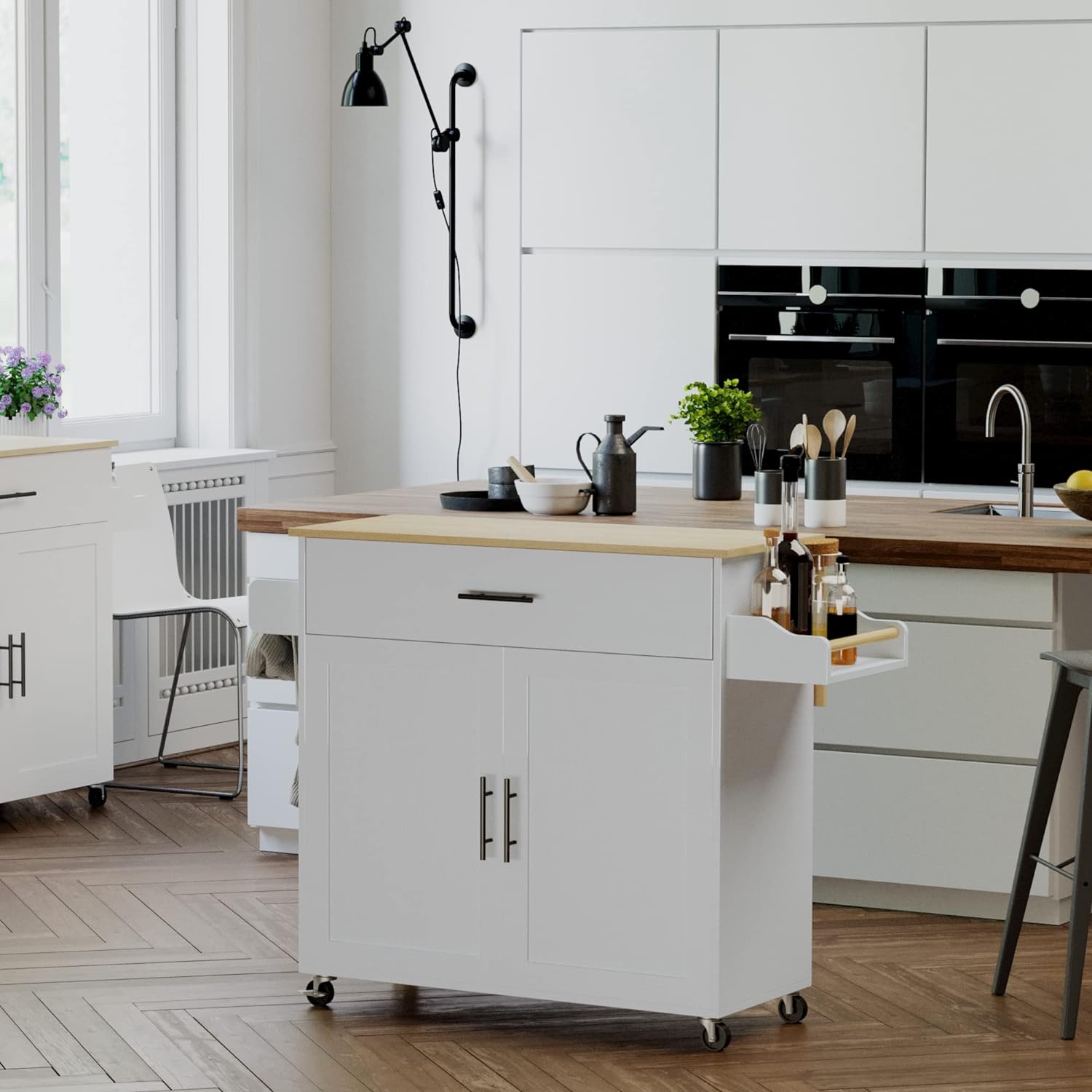 Rolling Kitchen Island Table on Wheels with Drop Leaf and Towel Rack