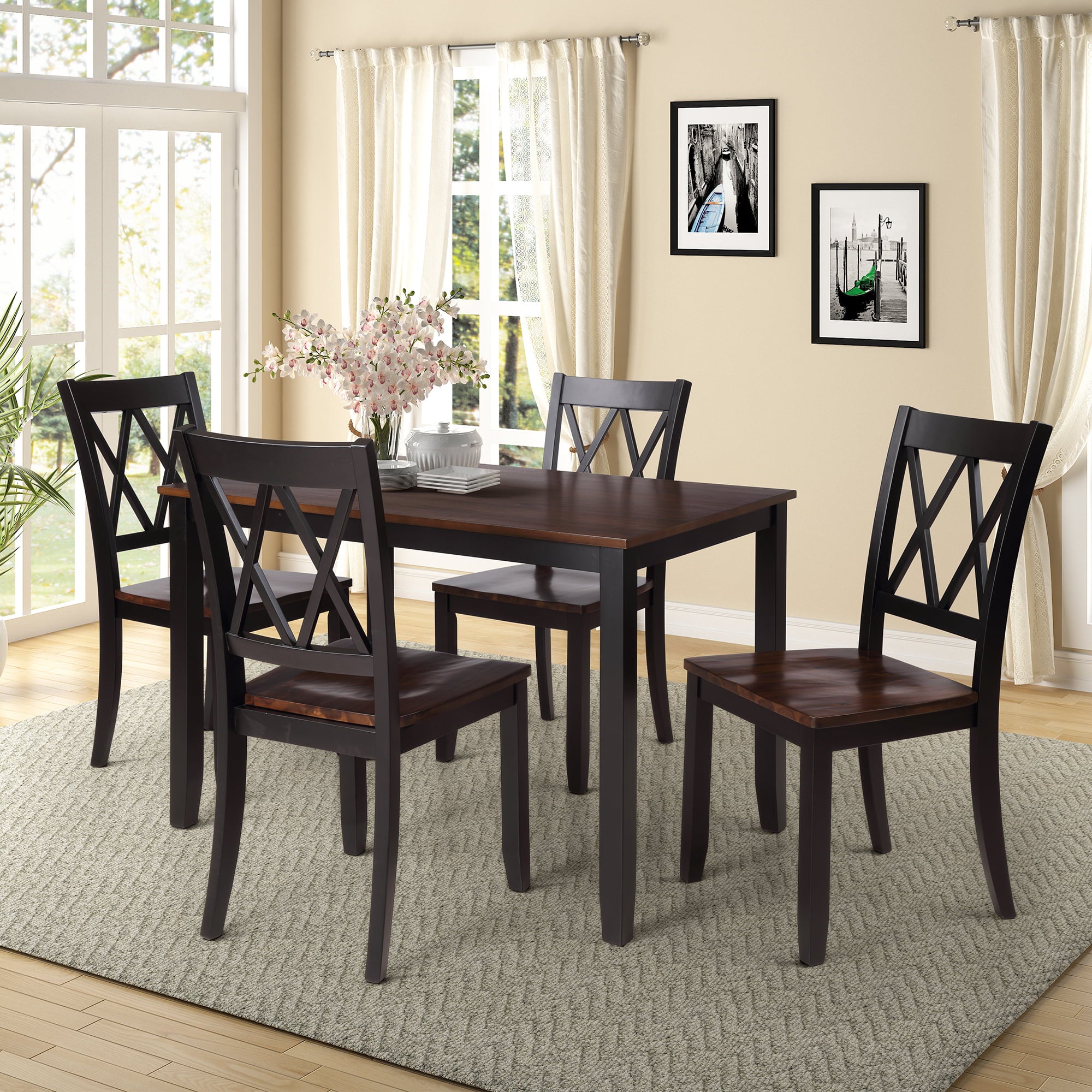 Dining Table Set, Wooden Family Table and Chairs, 45.47 Inches Table for Kitchen and Living Room - 5-Piece