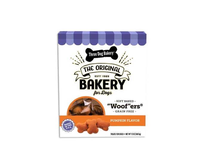 Three Dog Bakery Grain Free Woofers Dog Treats， Pumpkin， 13 oz. Box