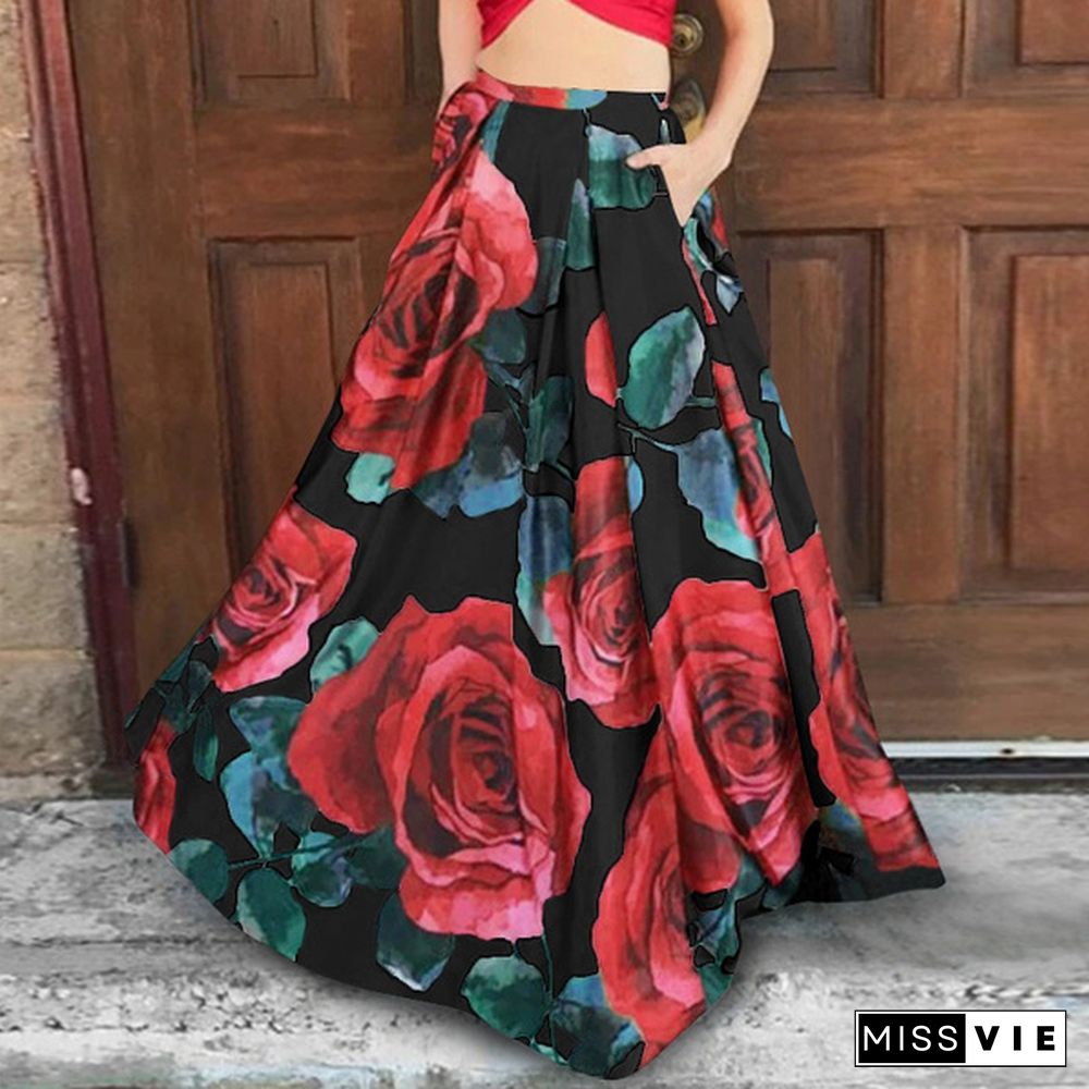 Women Floral Print Long Skirt Swing Dress High Waist Pleated Party Casual Umbrella Maxi Skirt Plus Size