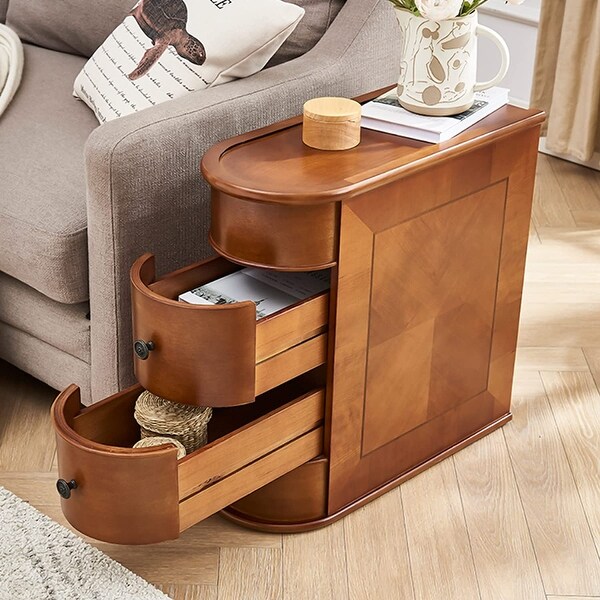 Solid Wood End Table， Two-drawer， Vintage Brown