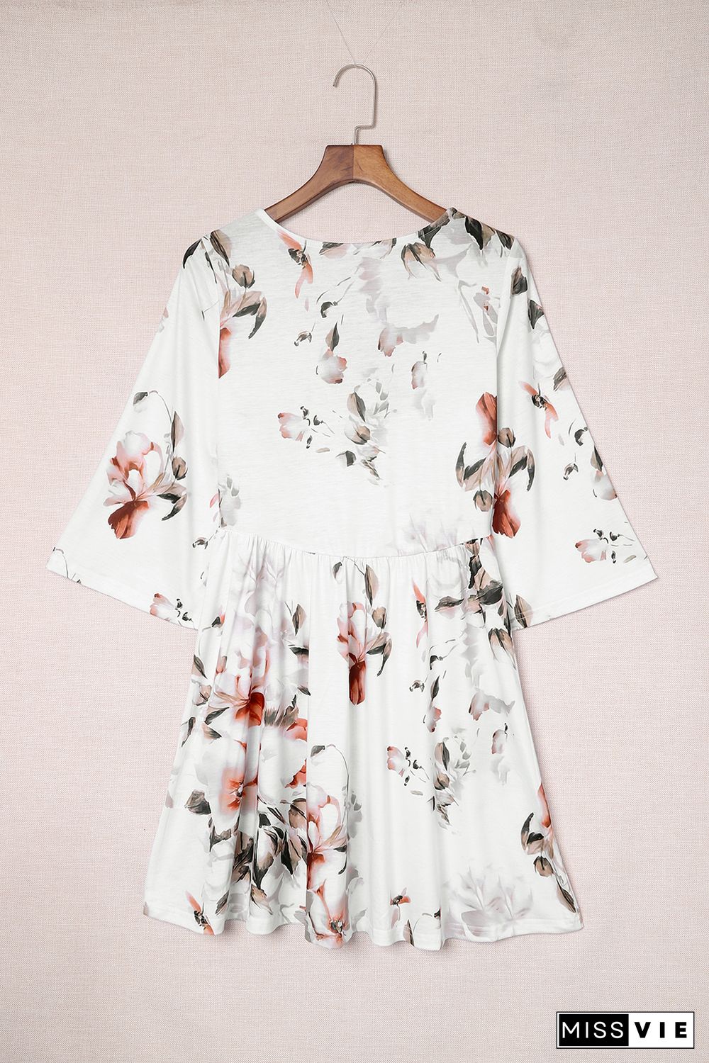 White V Neck 3/4 Sleeve Floral Dress