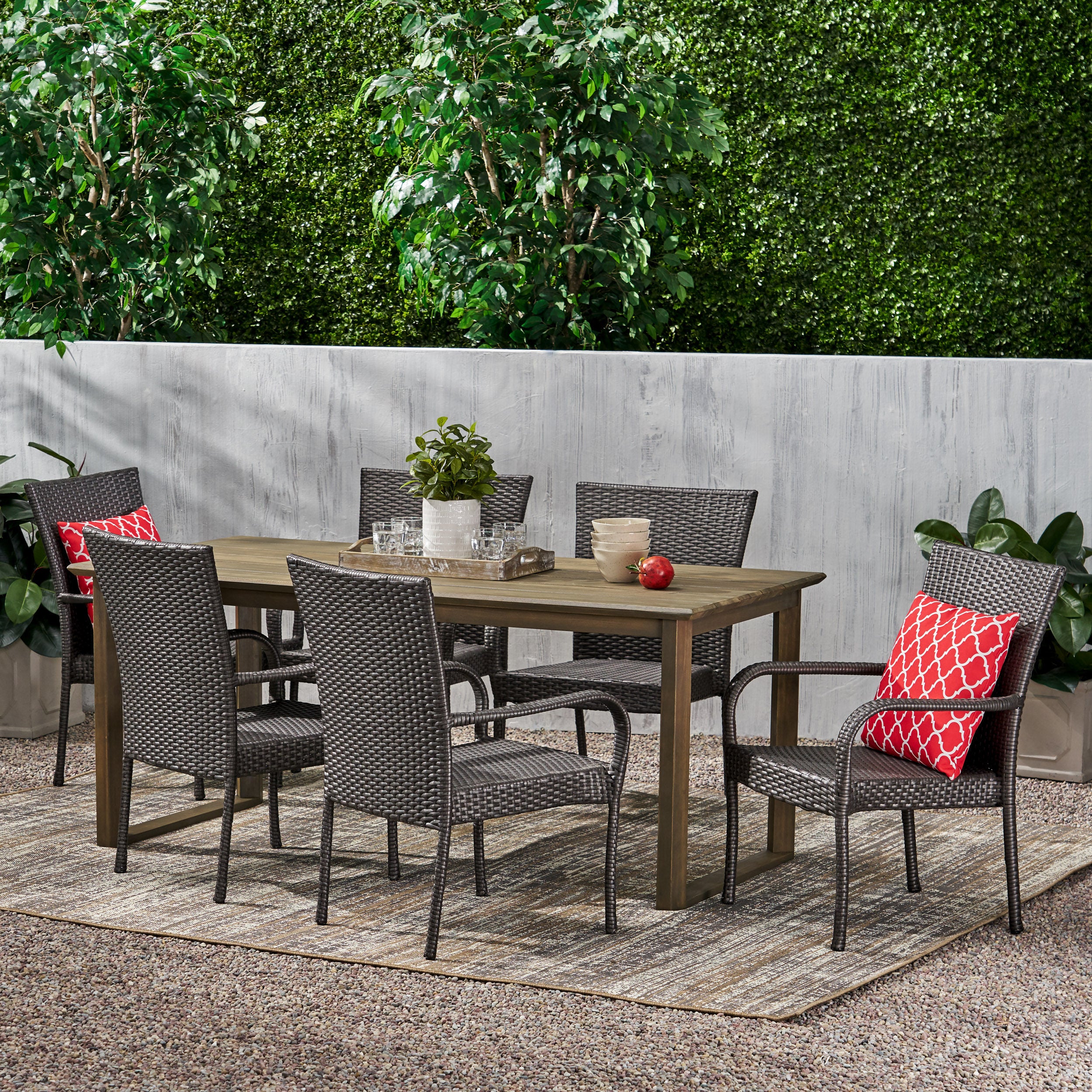 Conifer Outdoor Acacia Wood and Wicker 7 Piece Dining Set