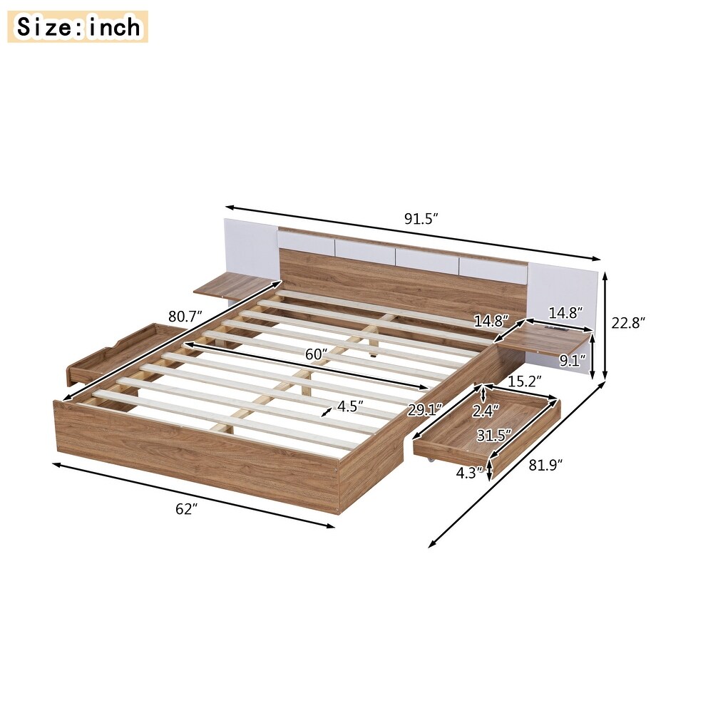 Queen Platform Bed with 2 Drawers  USB Ports   Sockets  Wooden Bed Frame with Extended Headboard   Storage Shelves for Bedroom