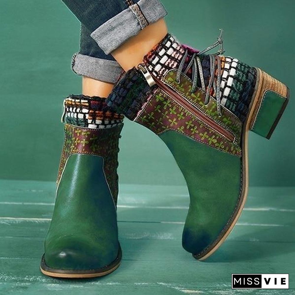 Round Head Colorful Printed Zipper Boots