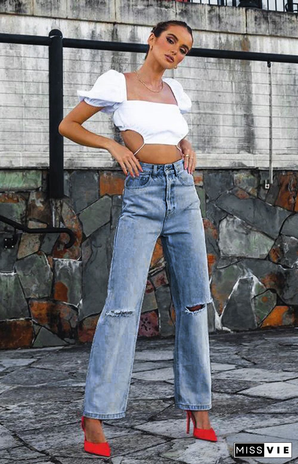 Ripped Wide Leg Jeans Pants