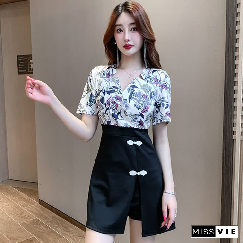 Floral Print V-neck T-shirt Buckle Split Skirt Two Pieces Set