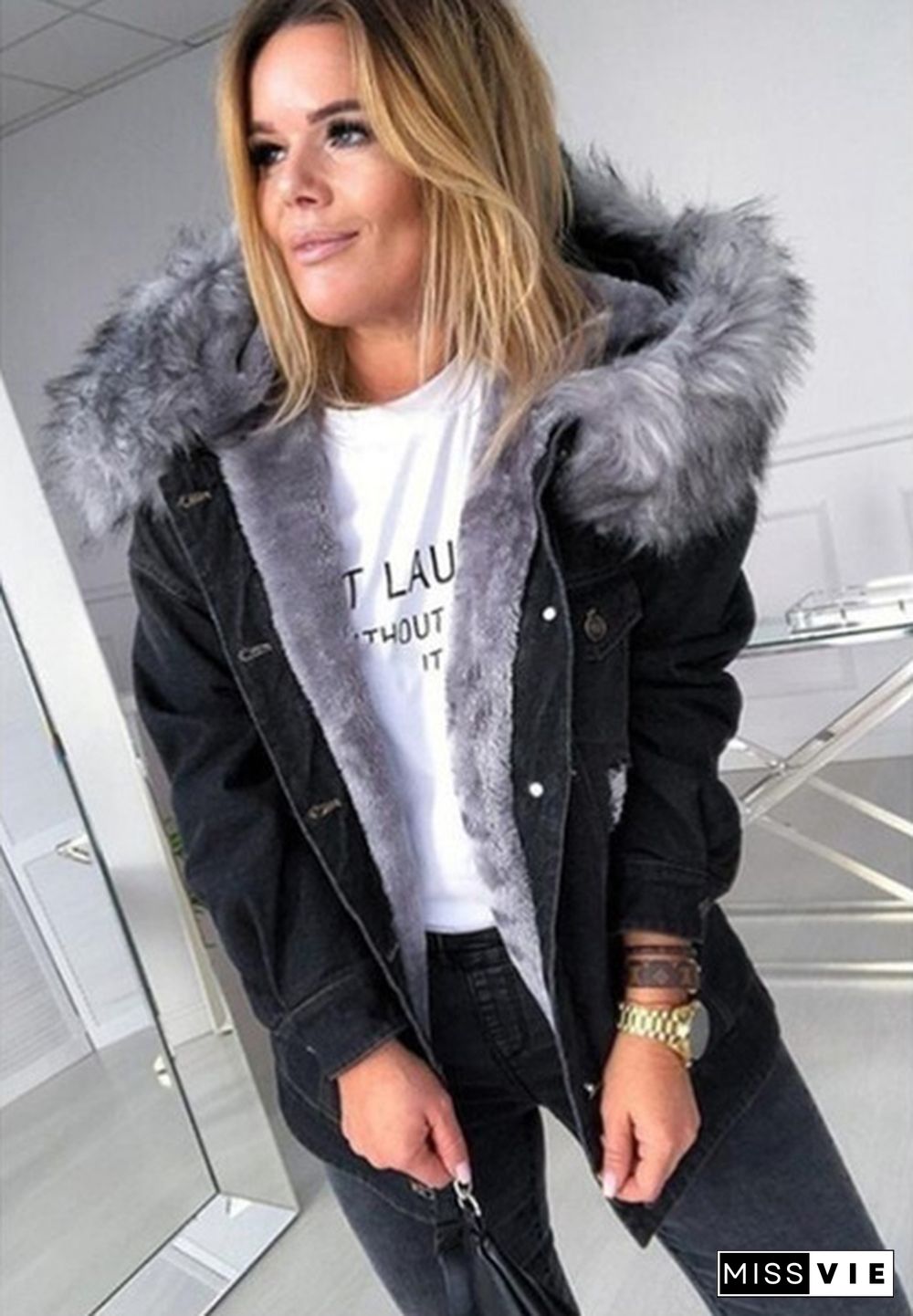 Women Winter Coat Faxu Fur Hooded Jackets Denim Jean Winter Jackets Oversized Fur Collar Denim Coat Casual Ripped Button Jacket Down Thick Denim Jacket Outwear Plus Size