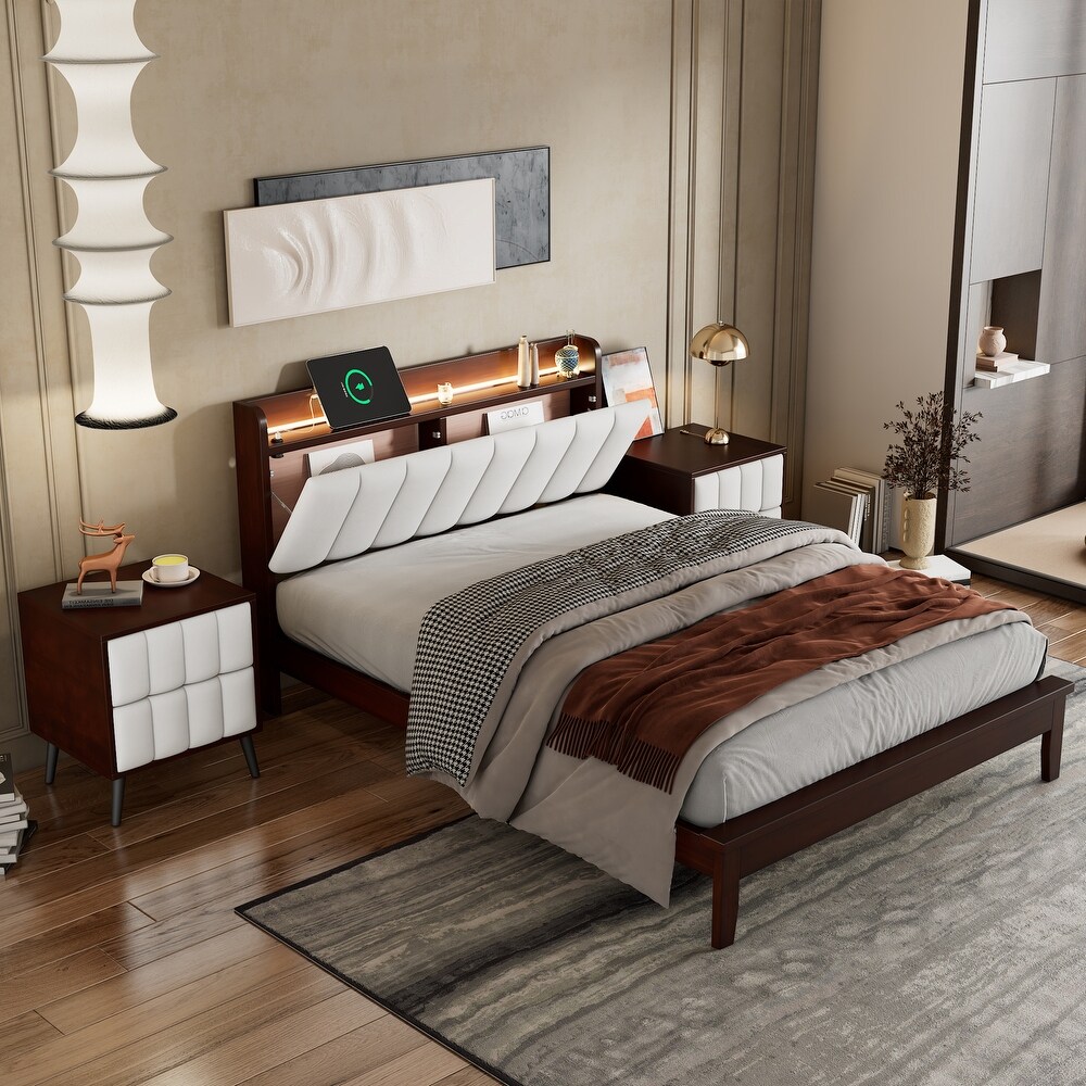 3 Pieces Bedroom Sets Full Size Wood Platform Bed and Two Nightstands Storage Platform bed with USB and LED Lights