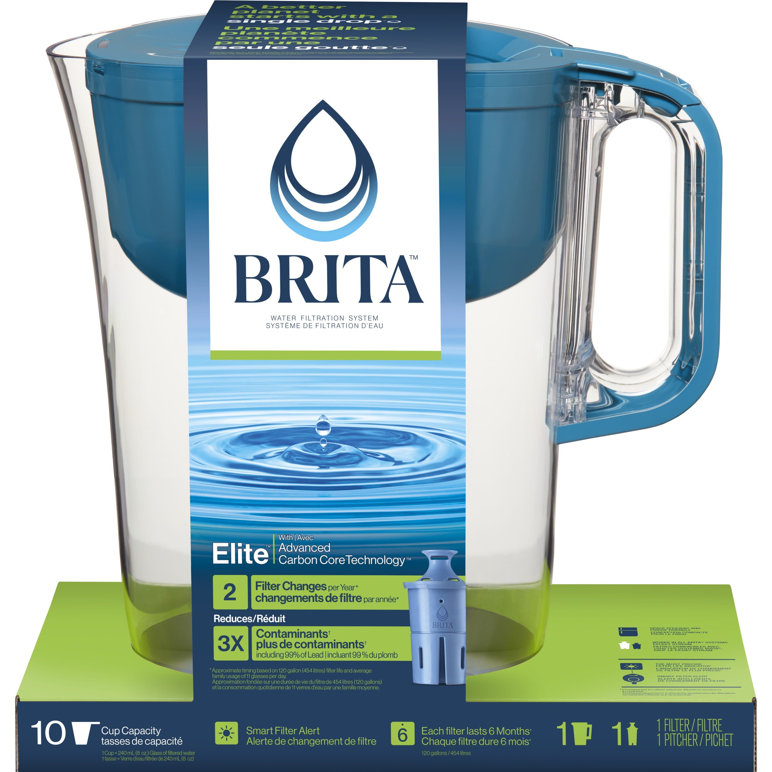 Brita Large 10 Cup Water Filter Pitcher with 1 Brita Elite Filter， Made Without BPA， Huron， Teal