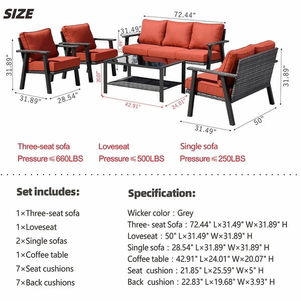 OVIOS 5piece Outdoor Steel Frame Ottoman Wicker Solid Pattern Cushion Sectional Set Glass Top Table