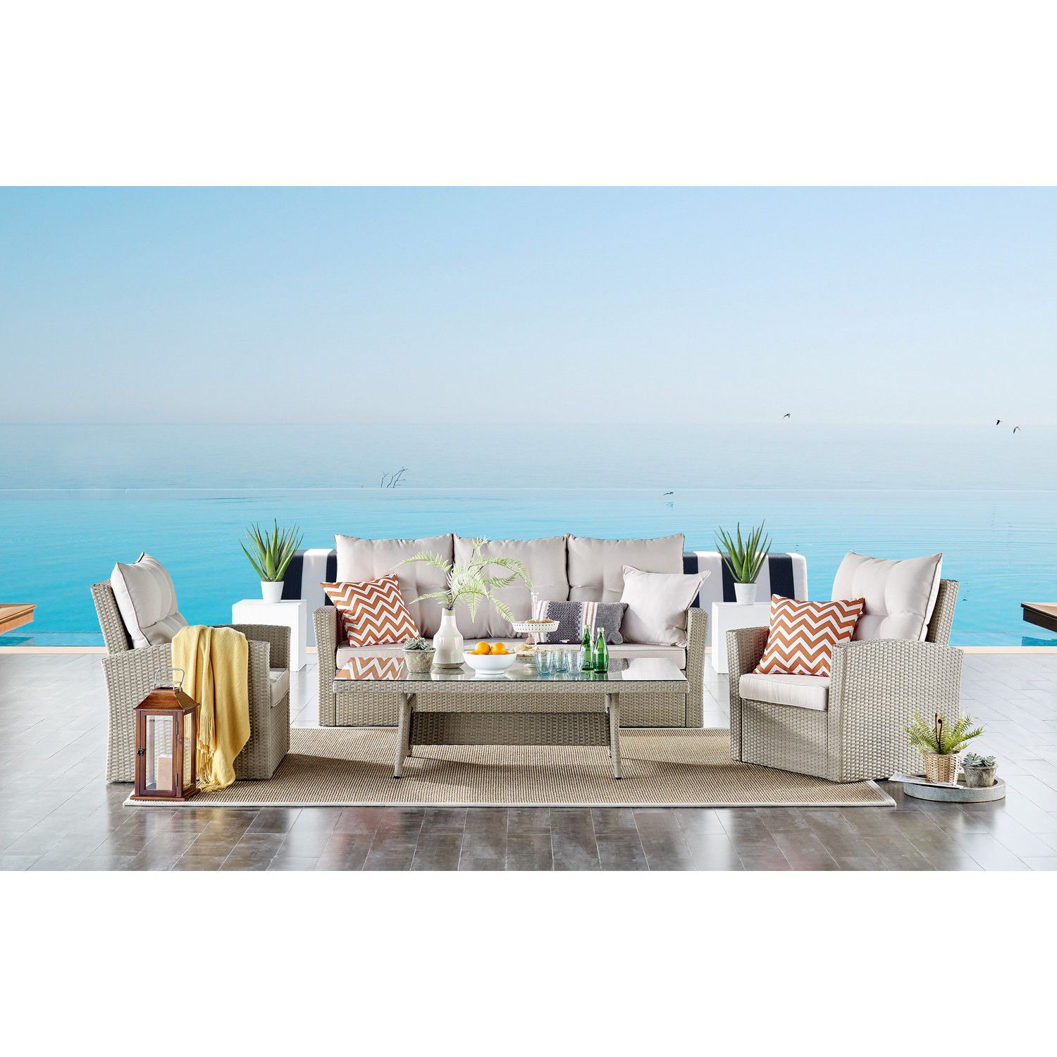 Alaterre Furniture Canaan Wicker Outdoor Deep-Seat Couch， Arm Chair and Coffee Table 4-piece Set