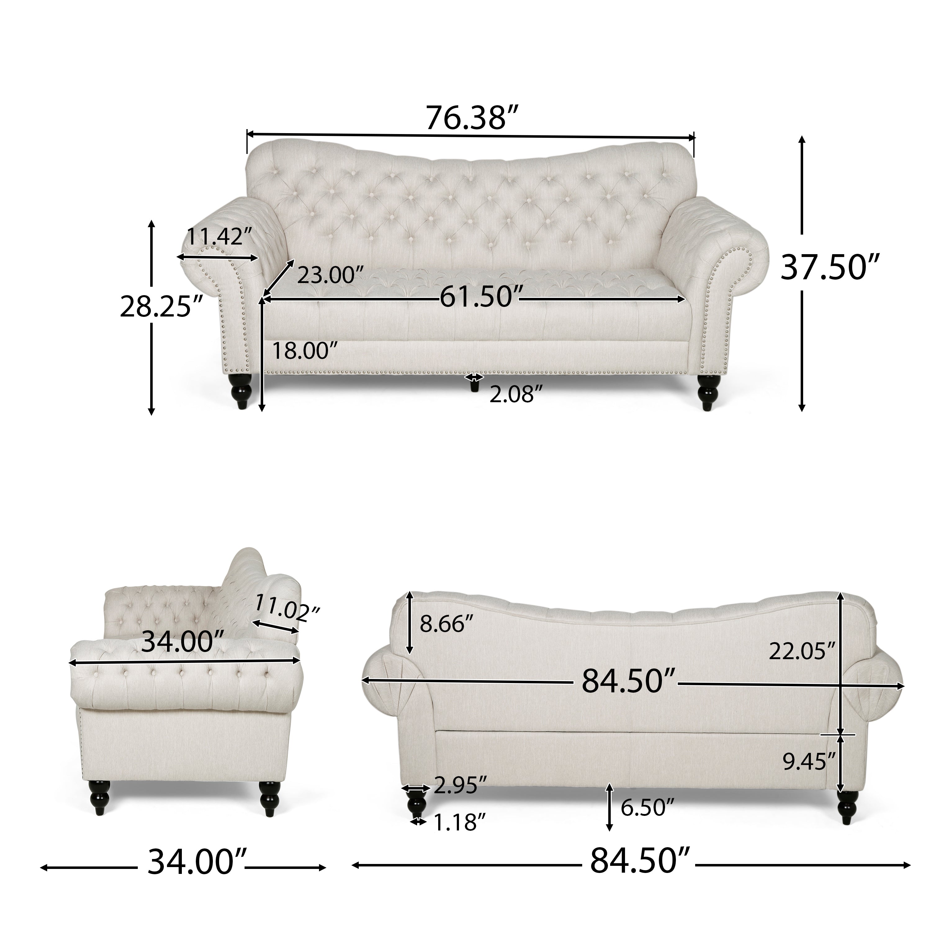 Emeric Chesterfield Button Tufted Fabric 3 Seater Sofa