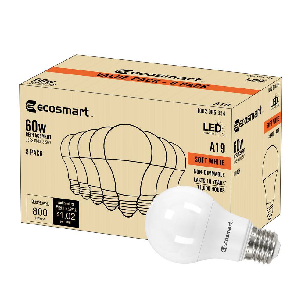 EcoSmart 60-Watt Equivalent A19 Non-Dimmable CEC LED Light Bulb Soft White (8-Pack) A9A19A60WT2048