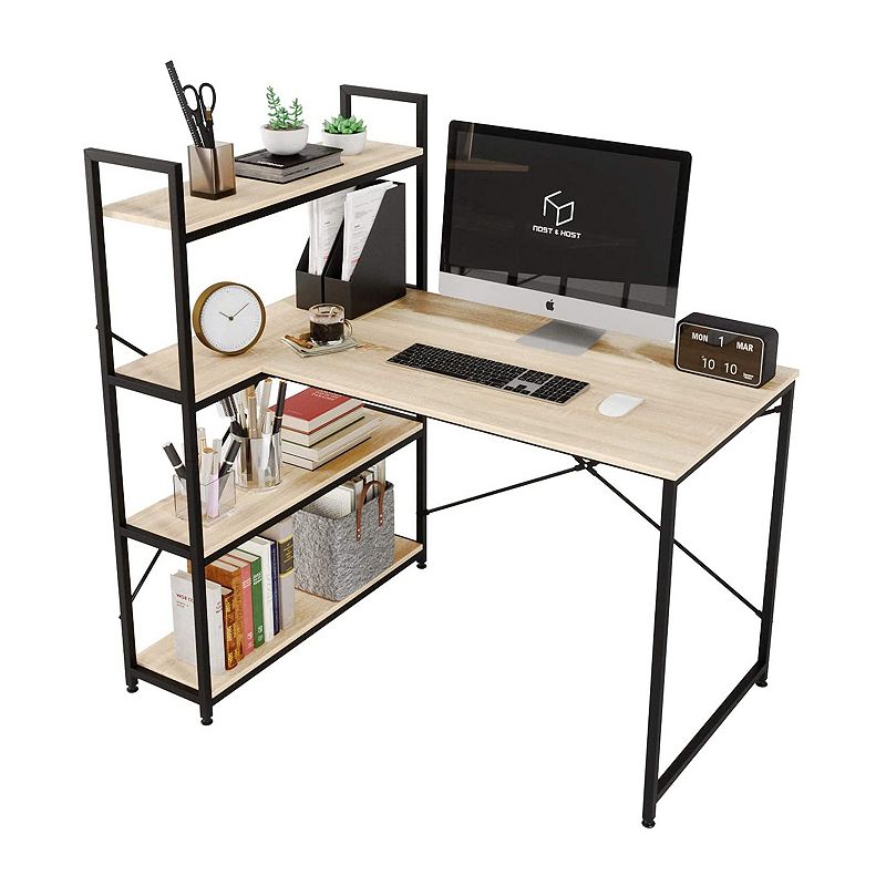 Nost and Host L Shaped Contemporary Home Office Computer Desk with Shelves， Oak