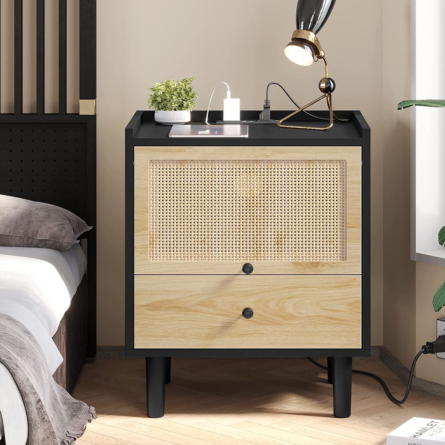 Rattan Nightstands Set of 2 with Charging Station & LED Lights & Drawer, Modern Bedside Table with Flip Top, Modern End Side Table for Bedroom Living Room,Black