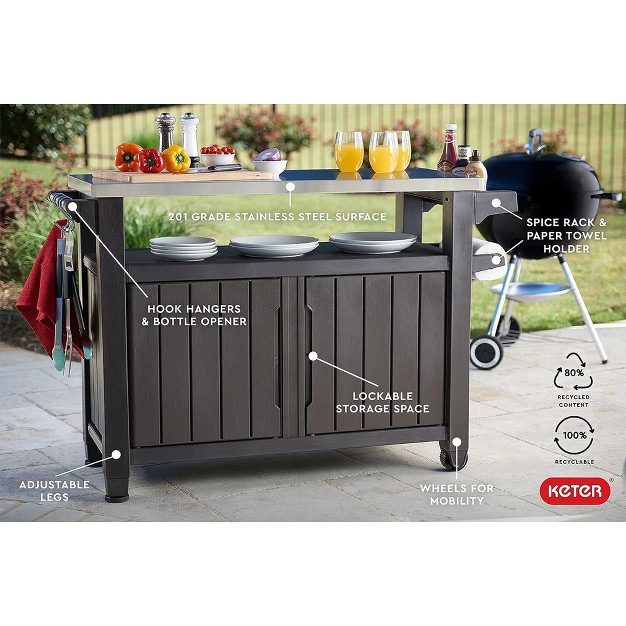 Keter Unity Xl Outdoor Kitchen Island Rolling Cart Bar Table amp Storage Cabinet Grill Station With Utensil Hooks For Grilling Accessories Brown