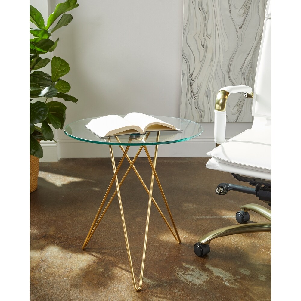 Zoey Round Side Table in Clear Tempered Glass with Matte Brushed Gold Base