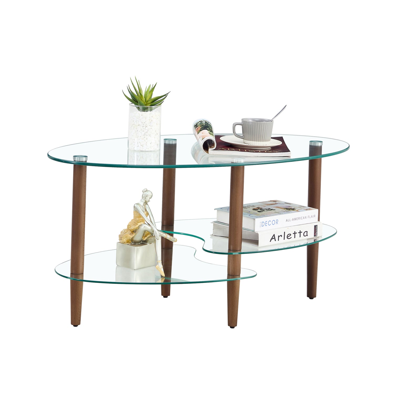 Holaki Transparent Glass Coffee Table, Oval Tea Table 3-Layer Glass Table, Modern Table in Living Room