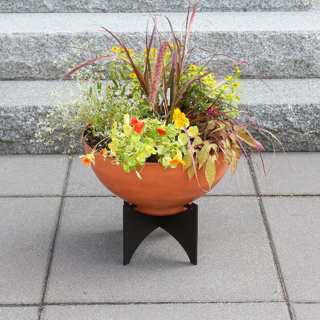 Wide Galvanized Steel Planter Bowl With Black Wrought Iron Plant Stand Burnt Sienna