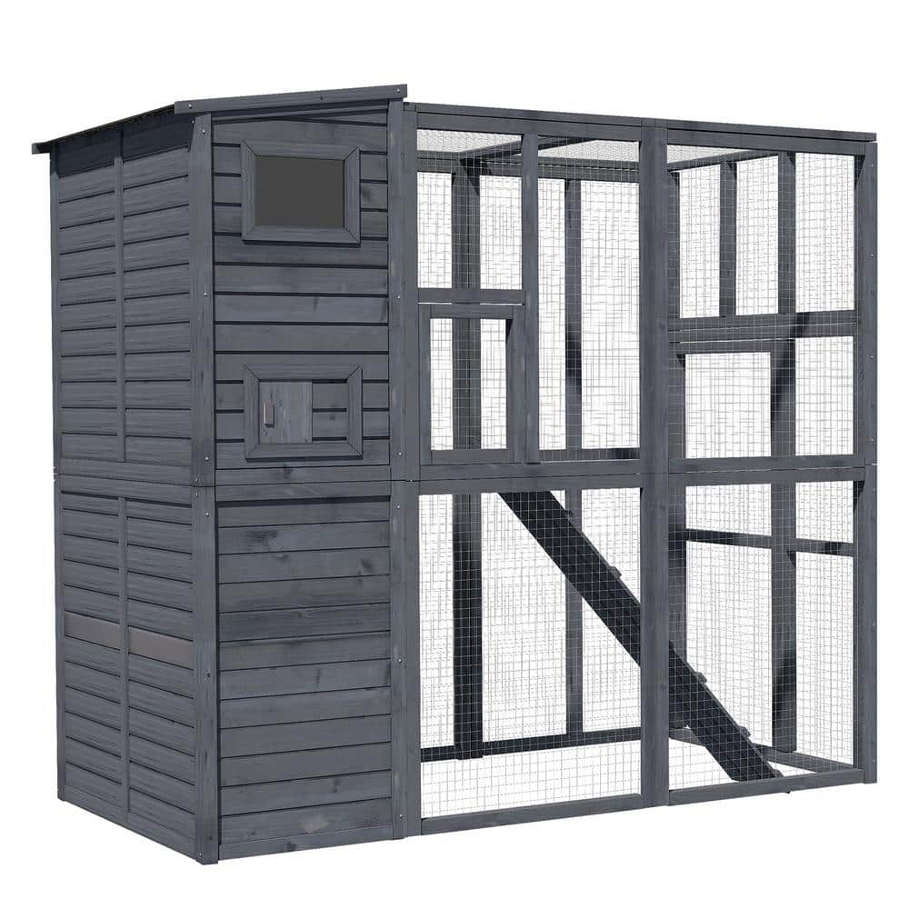 PawHut 77 in. x 37 in. x 69 in. Grey Cat House Outdoor Catio Kitty Enclosure with Platforms Run Lockable Doors and Asphalt Roof D30-237V00GY