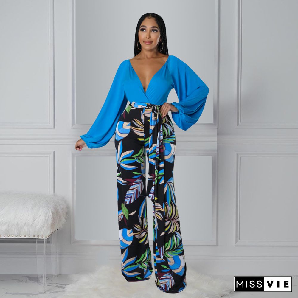 Deep V Long Sleeve Shirt Wide Leg Pants Two Piece Set