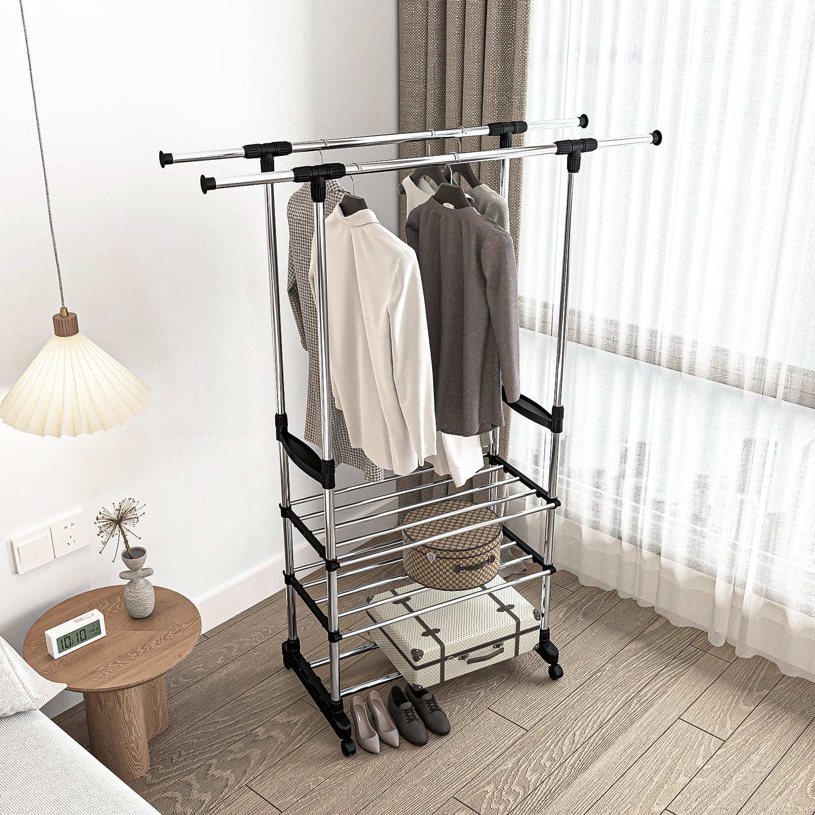 Resenkos Adjustable Garment Rack with 2 Tier Metal Shelf for Shoes Boxes, Rolling Clothes Organizer, High Capacity, Stainless Steel, Heavy Duty