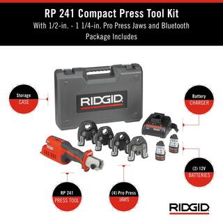 RIDGID RP 241 Compact Inline Press Tool Kit Includes 4 ProPress Jaws (12 34 1 1-14 in.) 2-12V Batteries Charger + Case 57363