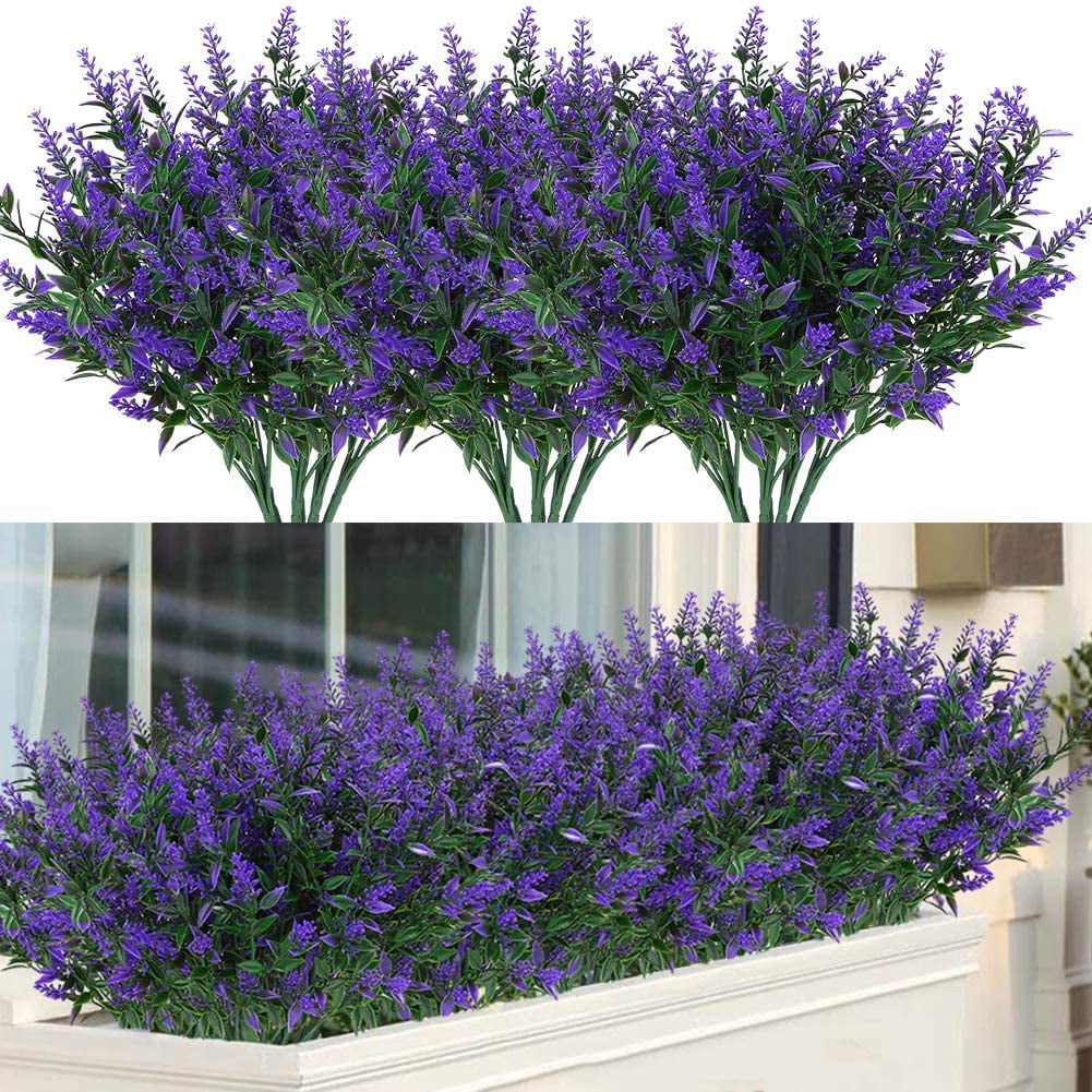 Sinhoon 8 Bundles Outdoor Artificial Lavender Fake Flowers UV Resistant Shrubs, Faux Plastic Greenery for Indoor Outside Hanging Plants Garden Porch Window Box Home Wedding Farmhouse Decor (Fuchsia)