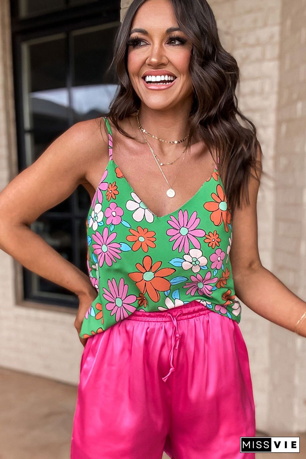 Green Adjustable Spaghetti Straps Floral Print Tank Top