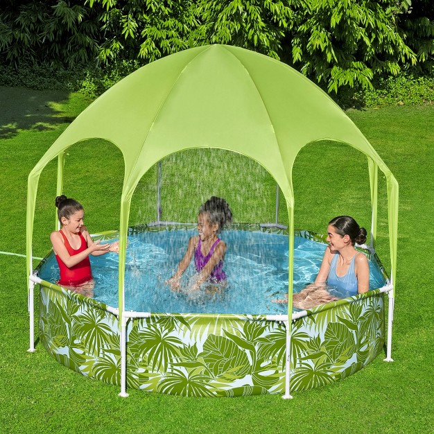 H2ogo Kids Splash in shade 8 foot Round Steel Frame Above Ground Pool With Water Mister And Canopy Sunshade Green Tropical Leaf Print