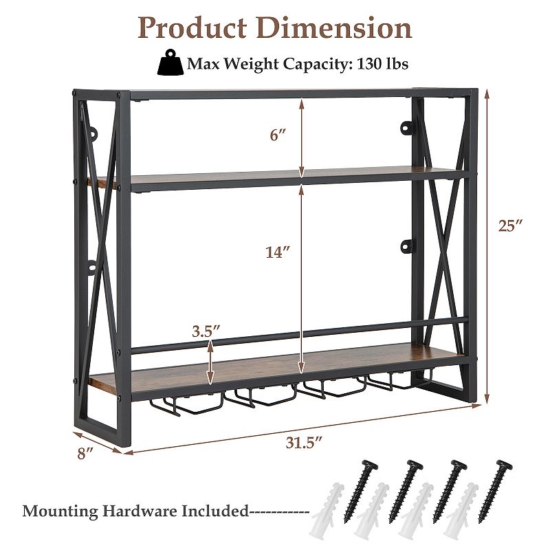 3-Tiers Industrial Wall Mounted Wine Rack with Glass Holder and Metal Frame