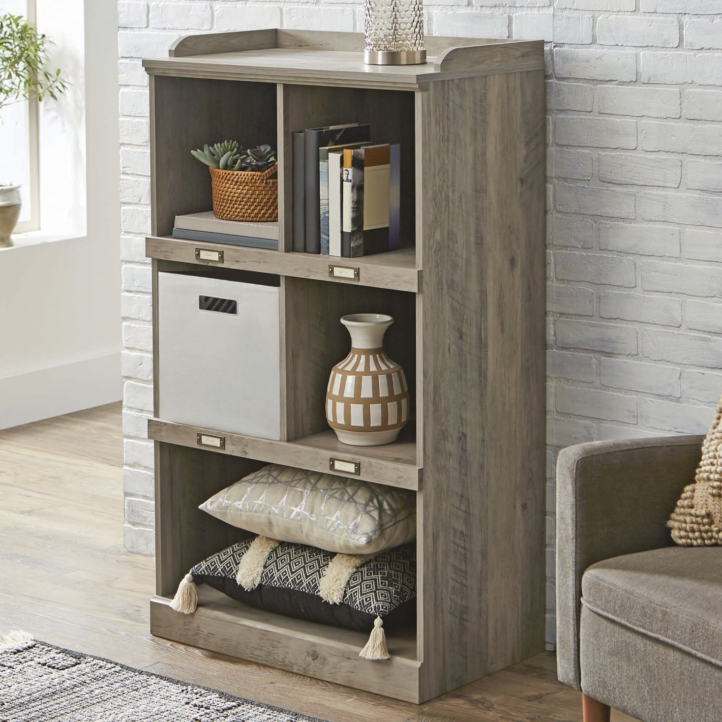 Better Homes & Gardens Modern Farmhouse 5-Cube Organizer Bookcase with Name Plates, Rustic Gray Finish