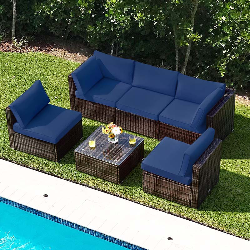 6 Pcs Rattan Patio Sectional Sofa Set Outdoor Conversation Furniture Set with Cushions & Glass Coffee Table