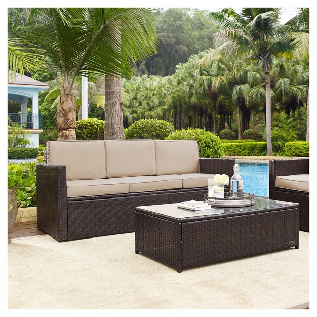 Palm Harbor Outdoor Wicker Sofa In Brown With Sand Cushions Crosley