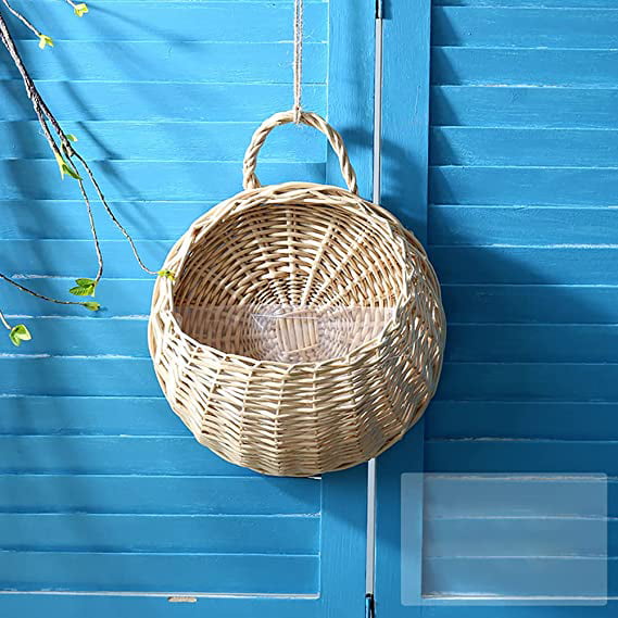 Egebert Hanging Planter Basket Handmade Woven Wall Hanging Flower Pot Wicker Weaving Flower Pot Rattan Vase Half Round Rattan Railing Planter for Indoor Outdoor Home Garden Decor Pot Plants Flowers