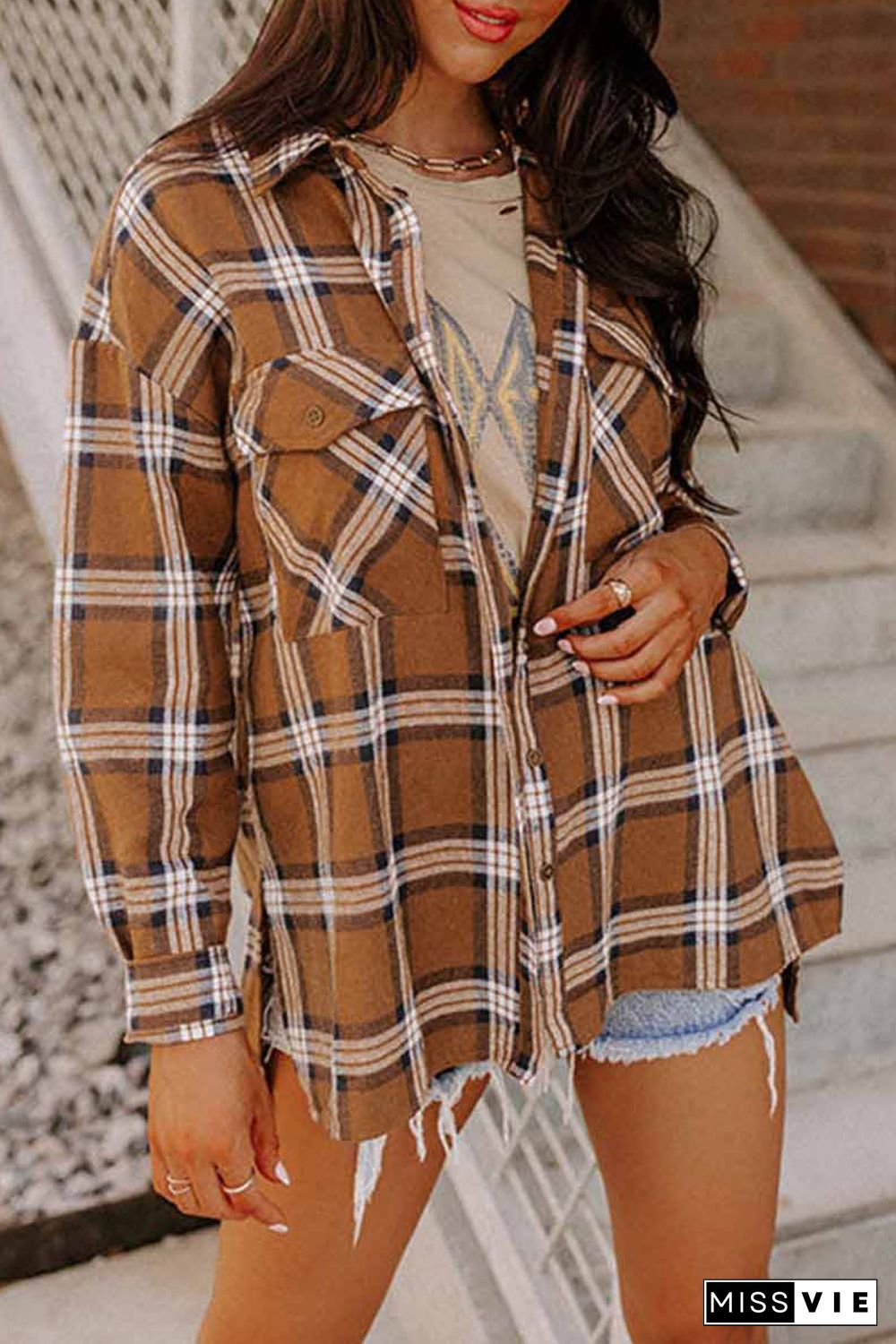 Brown Chest Pockets Side Split Plaid Shirt Jacket