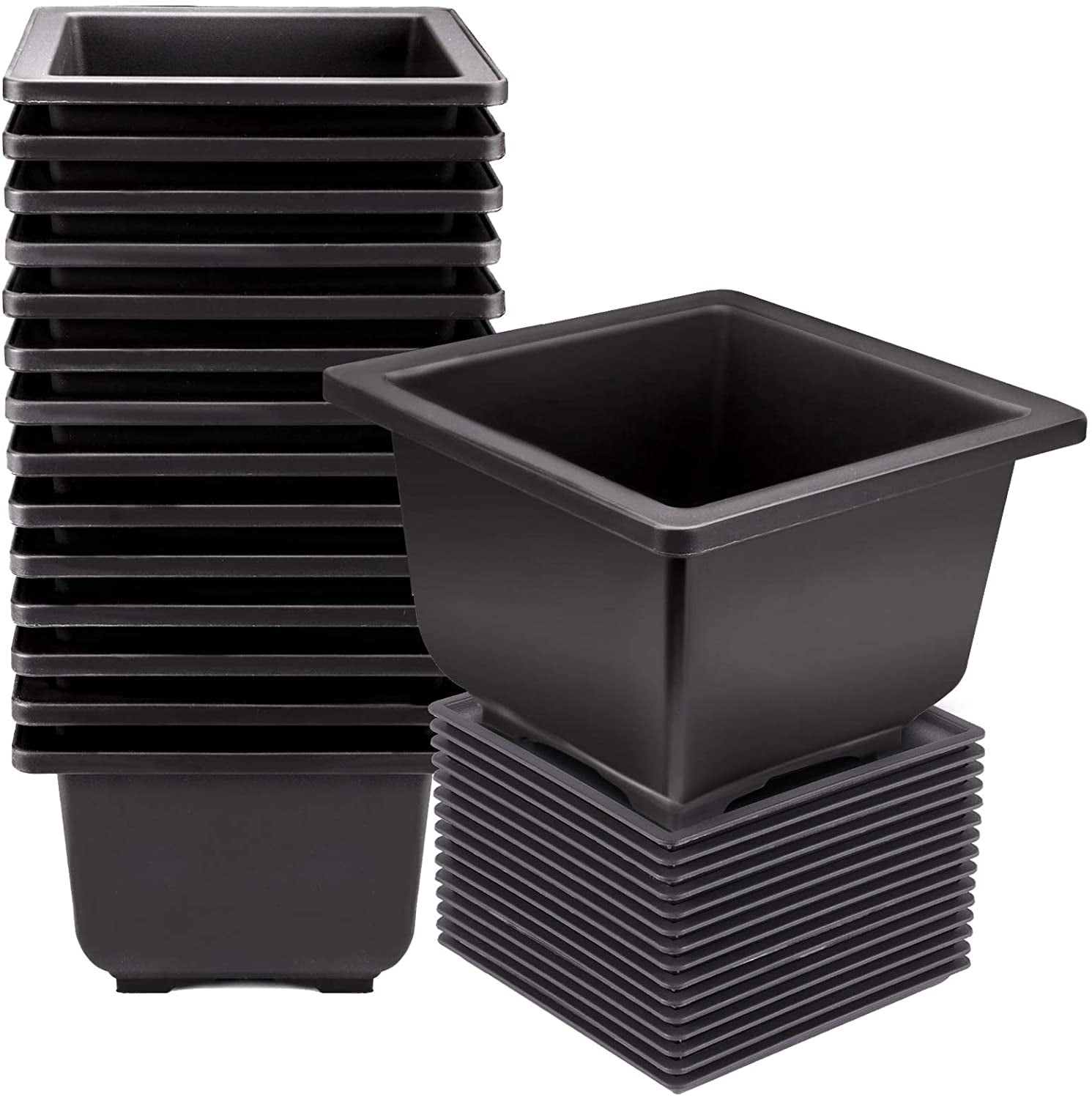 KINJOEK 15 PCS 6.7 x 6.7 x 3.15 Inch Plastic Bonsai Training Pots with Trays, Square Plant Pot Nursery Planter