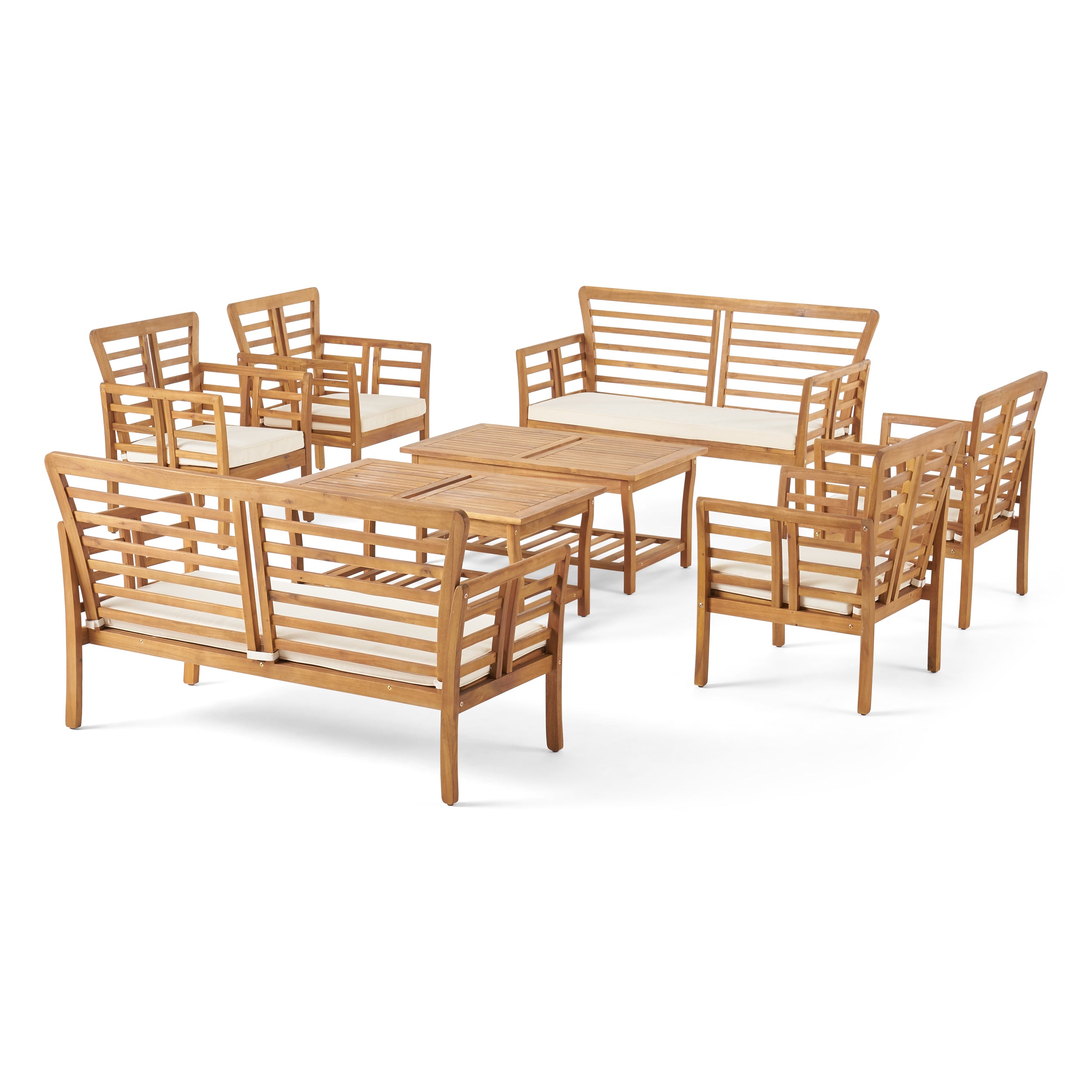 Louis Outdoor Modern Acacia Wood 8 Seater Chat Set with Cushions