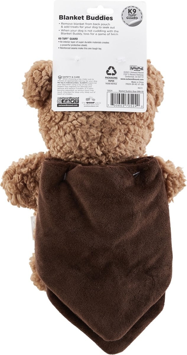 Outward Hound Blanket Buddies Brown Bear Small Blacket Treat and Squeaky Dog Toy， Brown