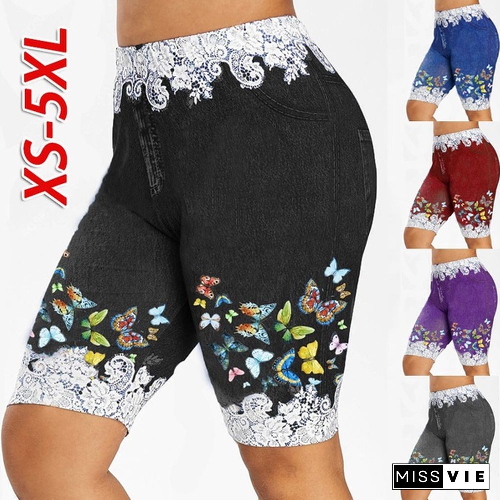 Women Pants Colorful Butterflies Print leggings Casual Faux Denim Jean Shorts Pants Ladies Summer Clothes Plus Size S-5XL