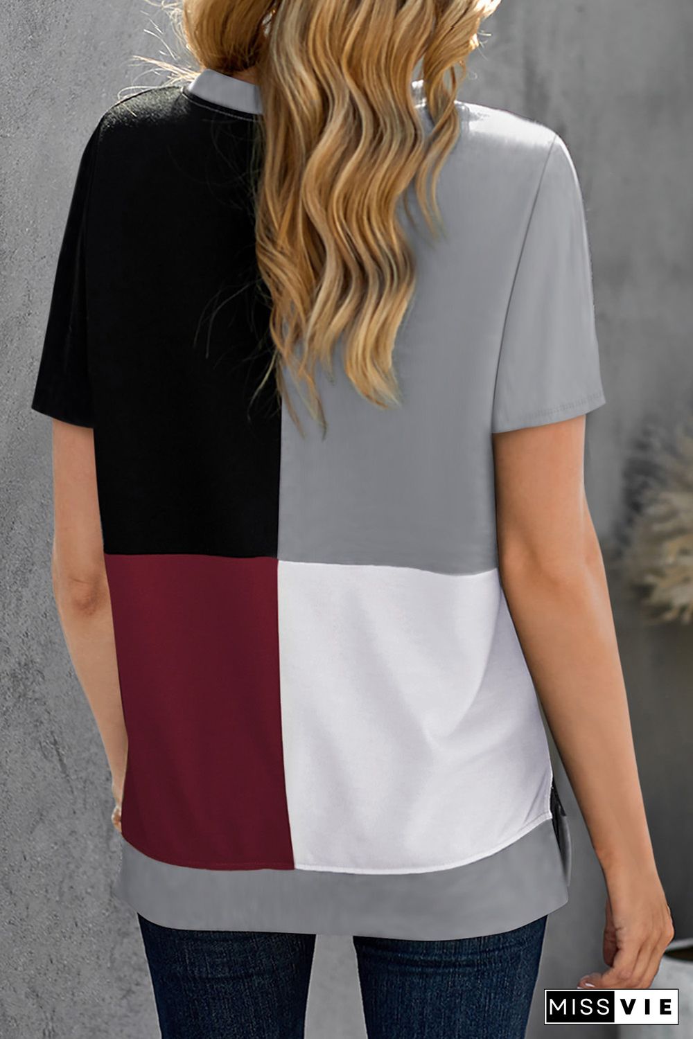 Wine Red Colorblock T-shirt with Slits