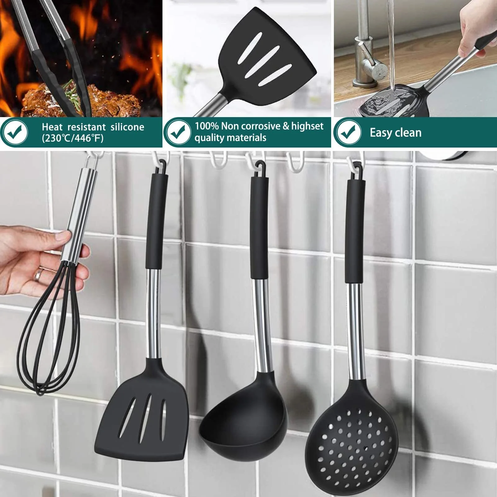 15Pcs Silicone Cooking Kitchen Utensils Set - Black