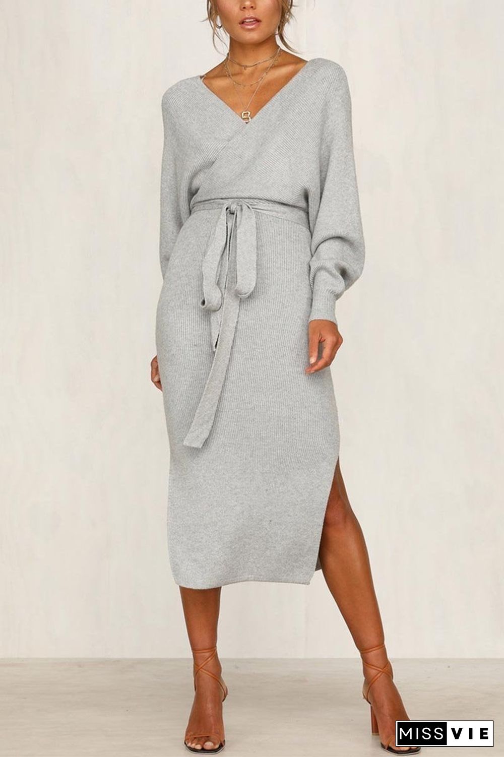 V Neck Backless Sweater Dress(5 Colors)